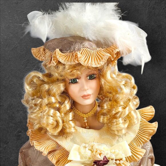 Haunted Porcelain Doll Vanessa Brown Gown Feathered Hat Paranormal Spirit Shifts - Picture 3 of 8